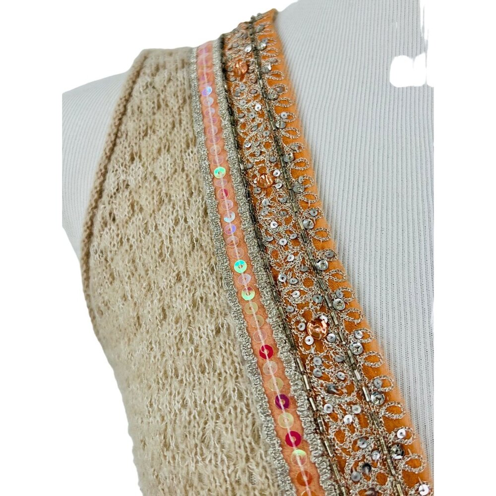 RARE Vintage Free People Beige Embellished Sequin Trim & Keyhole Back Boho Knit - Picture 5 of 15